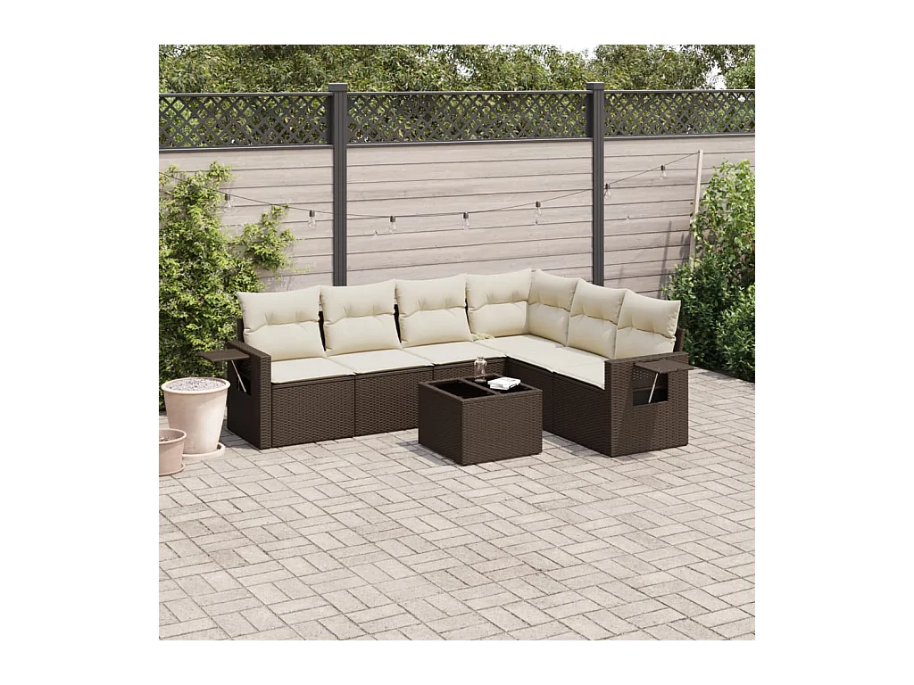 Salon de jardin avec coussins 7 pcs marron résine tressée