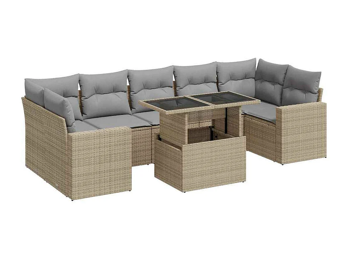 Salon de jardin avec coussins 8 pcs beige résine tressée