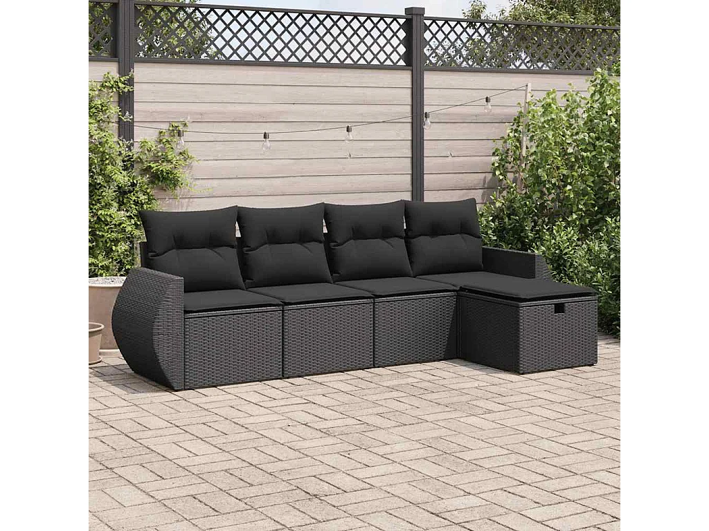 Conjunto de móveis de jardim de 5 peças com almofadas pretas em resina trançada