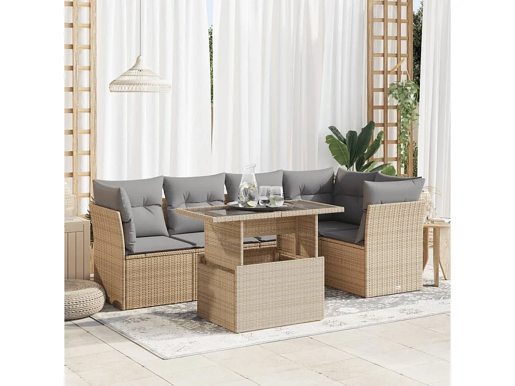Salon de jardin avec coussins 6 pcs beige résine tressée