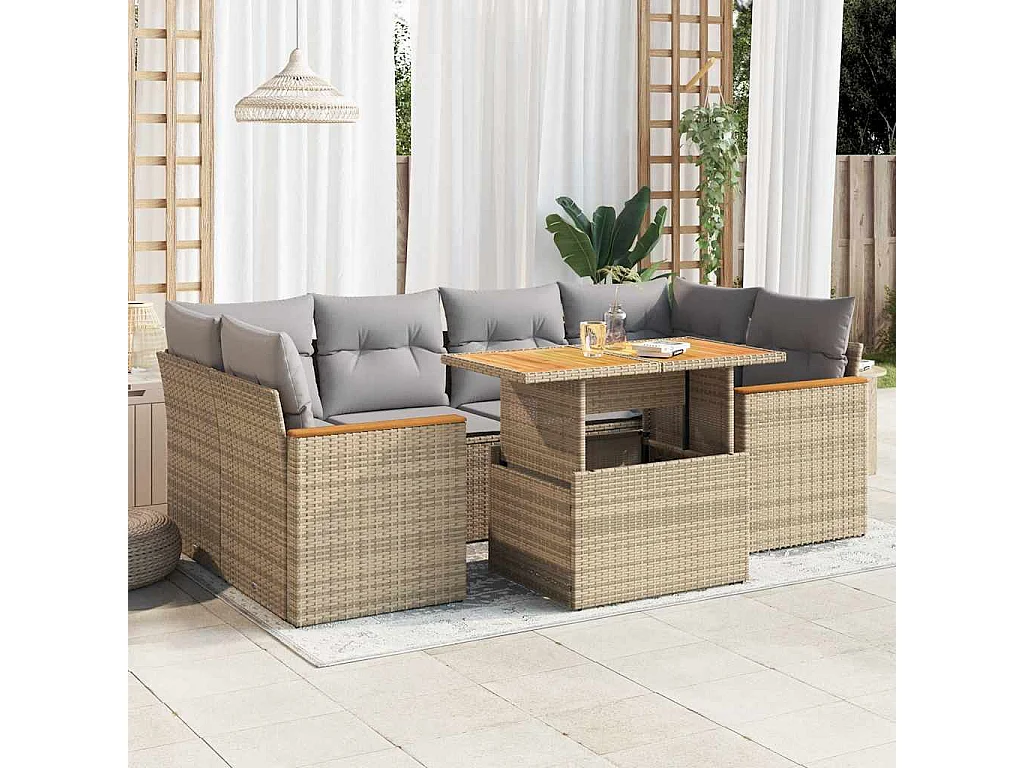 Salon de jardin 6 pcs avec coussins beige résine tressée acacia