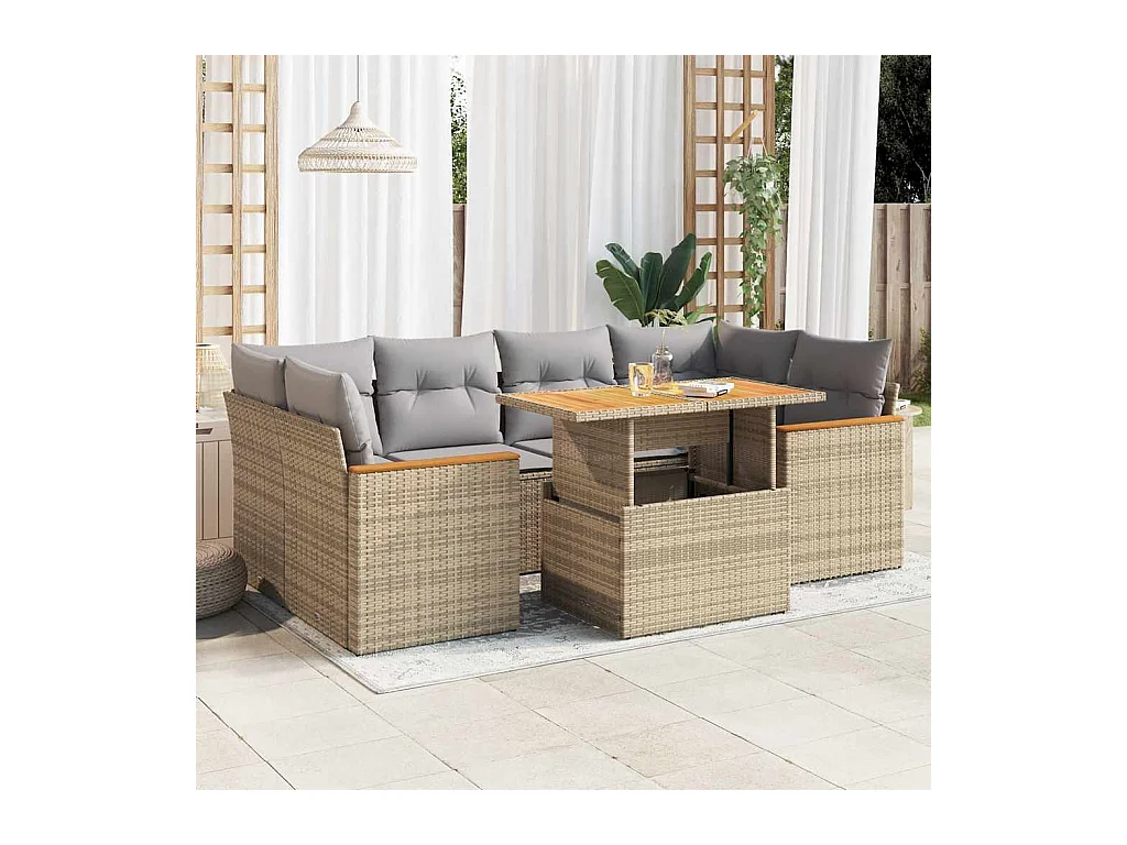 Salon de jardin 6 pcs avec coussins beige résine tressée acacia