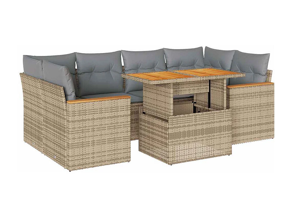 Salon de jardin 6 pcs avec coussins beige résine tressée acacia