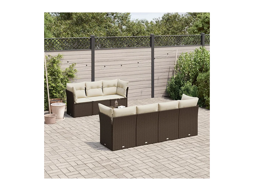 Salon de jardin 8 pcs avec coussins marron résine tressée