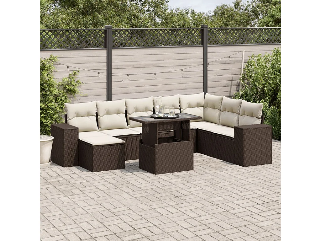 Salon de jardin avec coussins 9 pcs marron résine tressée