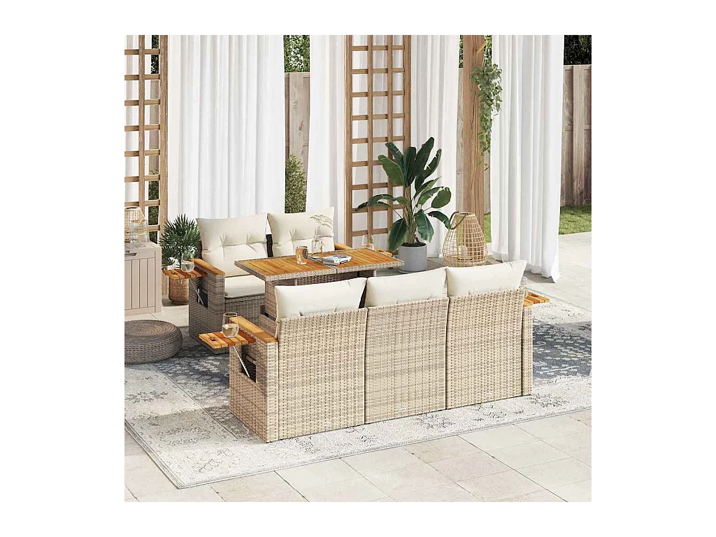 Conjunto de muebles de jardín de 6 piezas con cojines beige en mimbre de resina de acacia