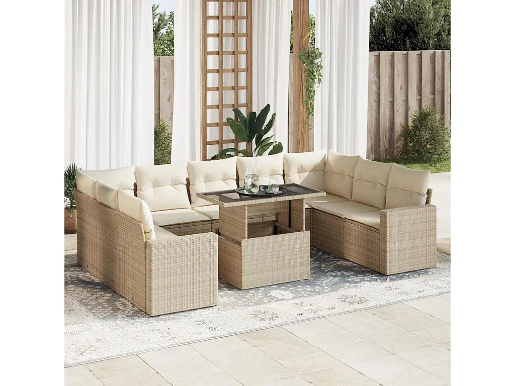 Conjunto de muebles de jardín con cojines 10 piezas resina tejida beige
