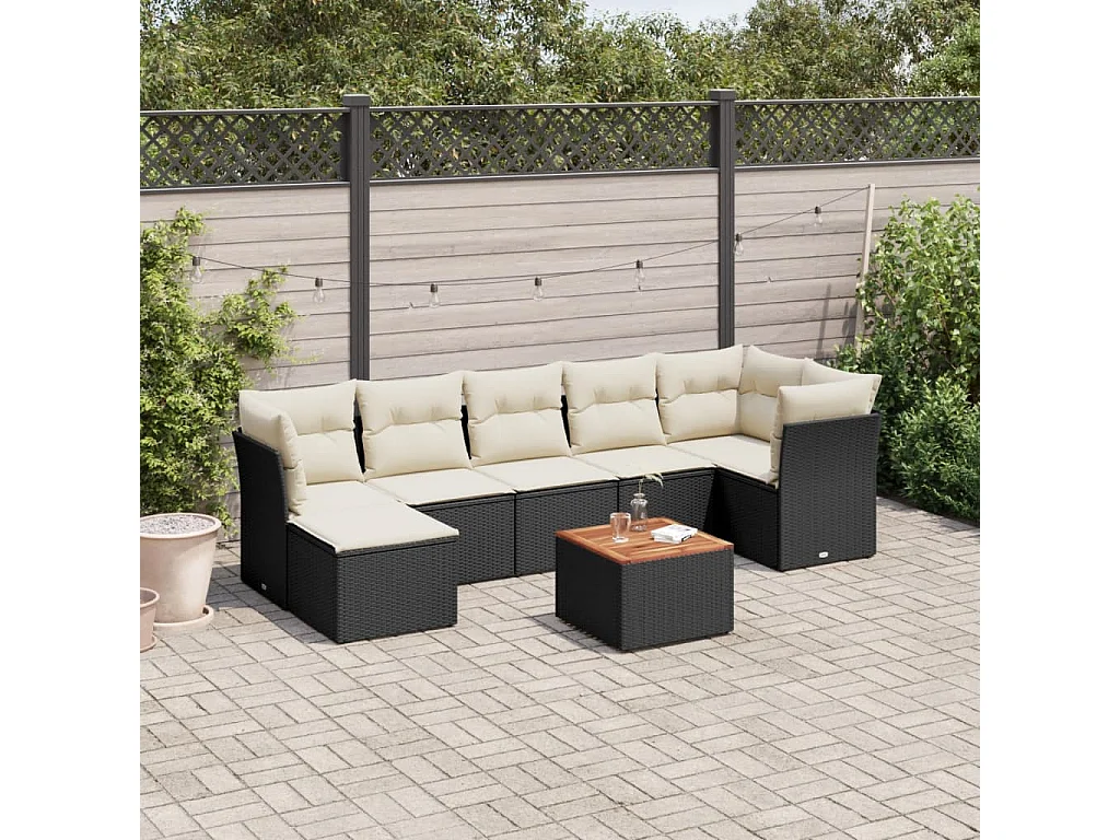 Salon de jardin 8 pcs avec coussins noir résine tressée