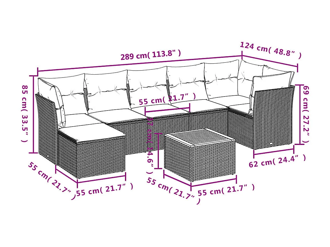 Salon de jardin 8 pcs avec coussins noir résine tressée