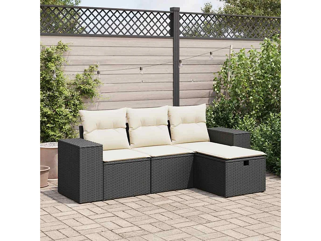 Set di mobili da giardino 4 pezzi con cuscini neri in resina intrecciata