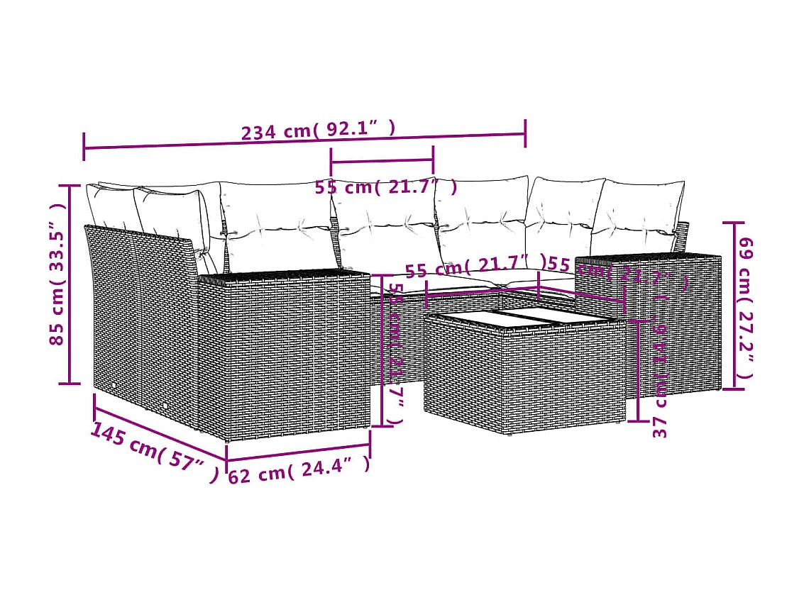 Conjunto de móveis de jardim com almofadas 7 peças resina de vime marrom