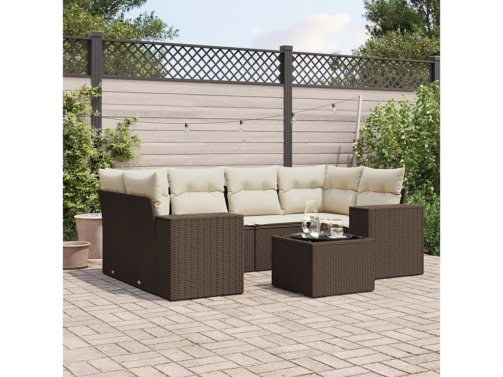 Salon de jardin avec coussins 7 pcs marron résine tressée