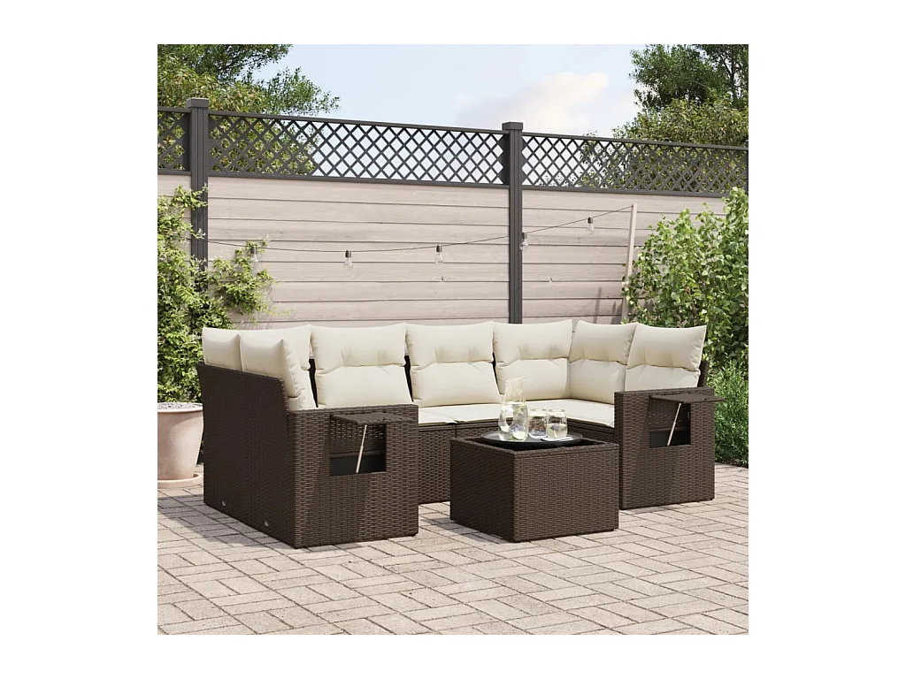 Salon de jardin avec coussins 7 pcs marron résine tressée