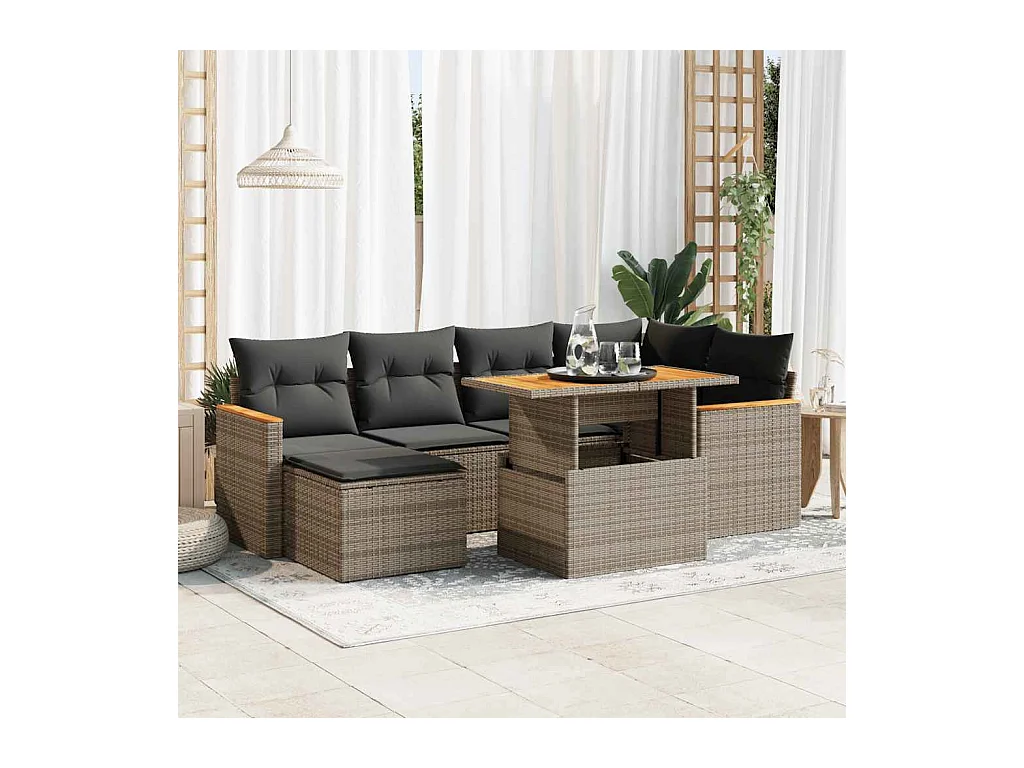 Salon de jardin avec coussins 7 pcs gris résine tressée acacia