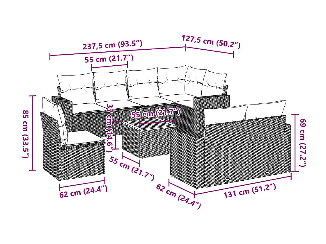 Salon de jardin 9 pcs avec coussins gris résine tressée