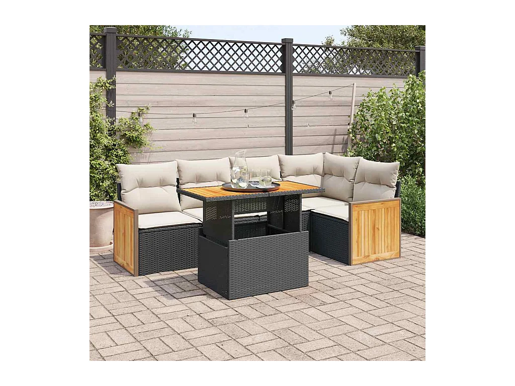 Salon de jardin 6 pcs avec coussins noir résine tressée acacia