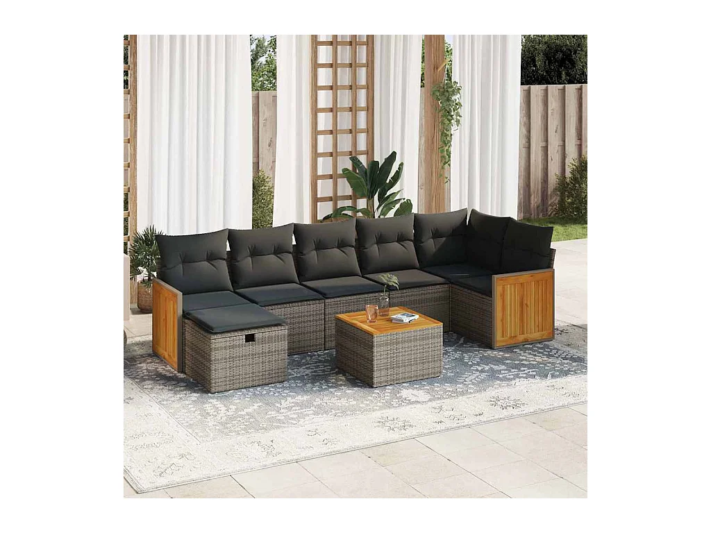 Salon de jardin 8 pcs avec coussins gris résine tressée