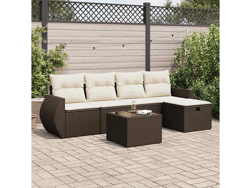 Salon de jardin avec coussins 6 pcs marron résine tressée