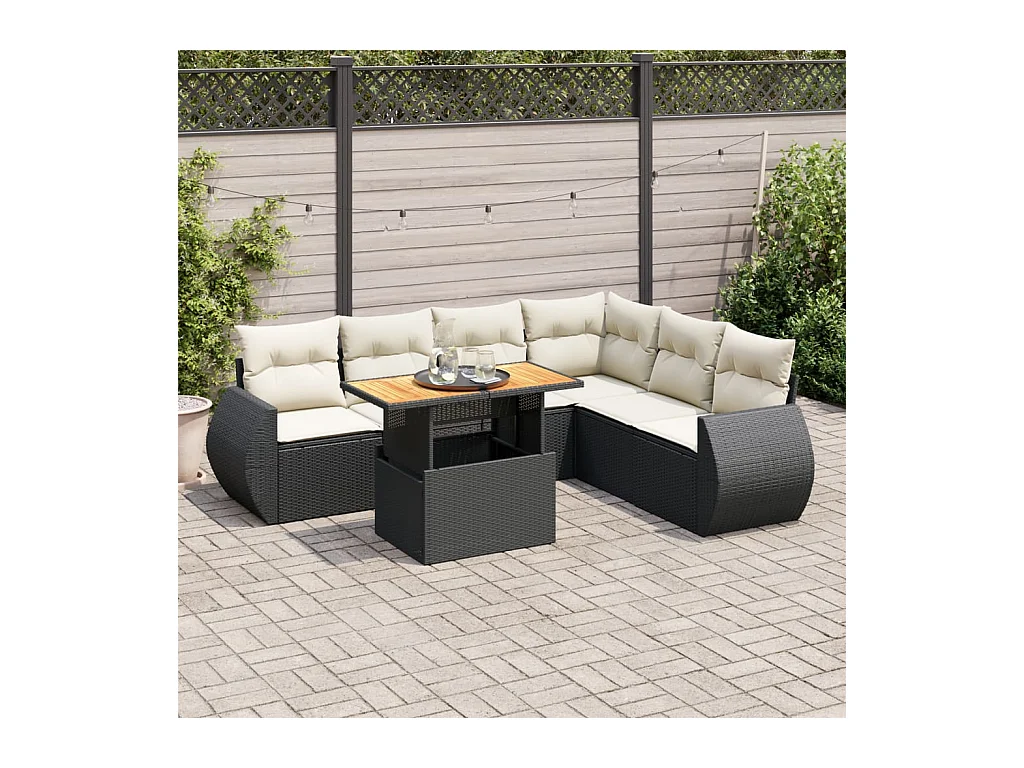 Salon de jardin 7 pcs avec coussins noir résine tressée