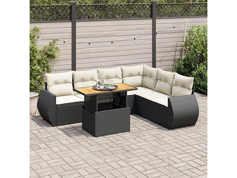 Salon de jardin 7 pcs avec coussins noir résine tressée