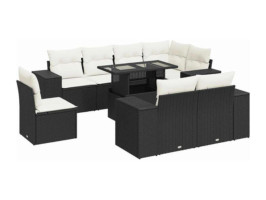 Conjunto de móveis de jardim de 9 peças com almofadas pretas em resina trançada