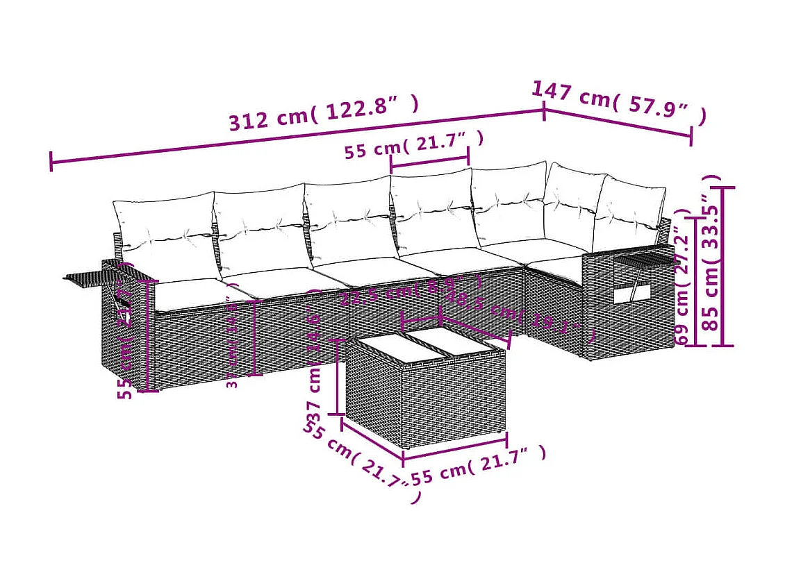 Conjunto de móveis de jardim com almofadas 7 peças resina de vime marrom
