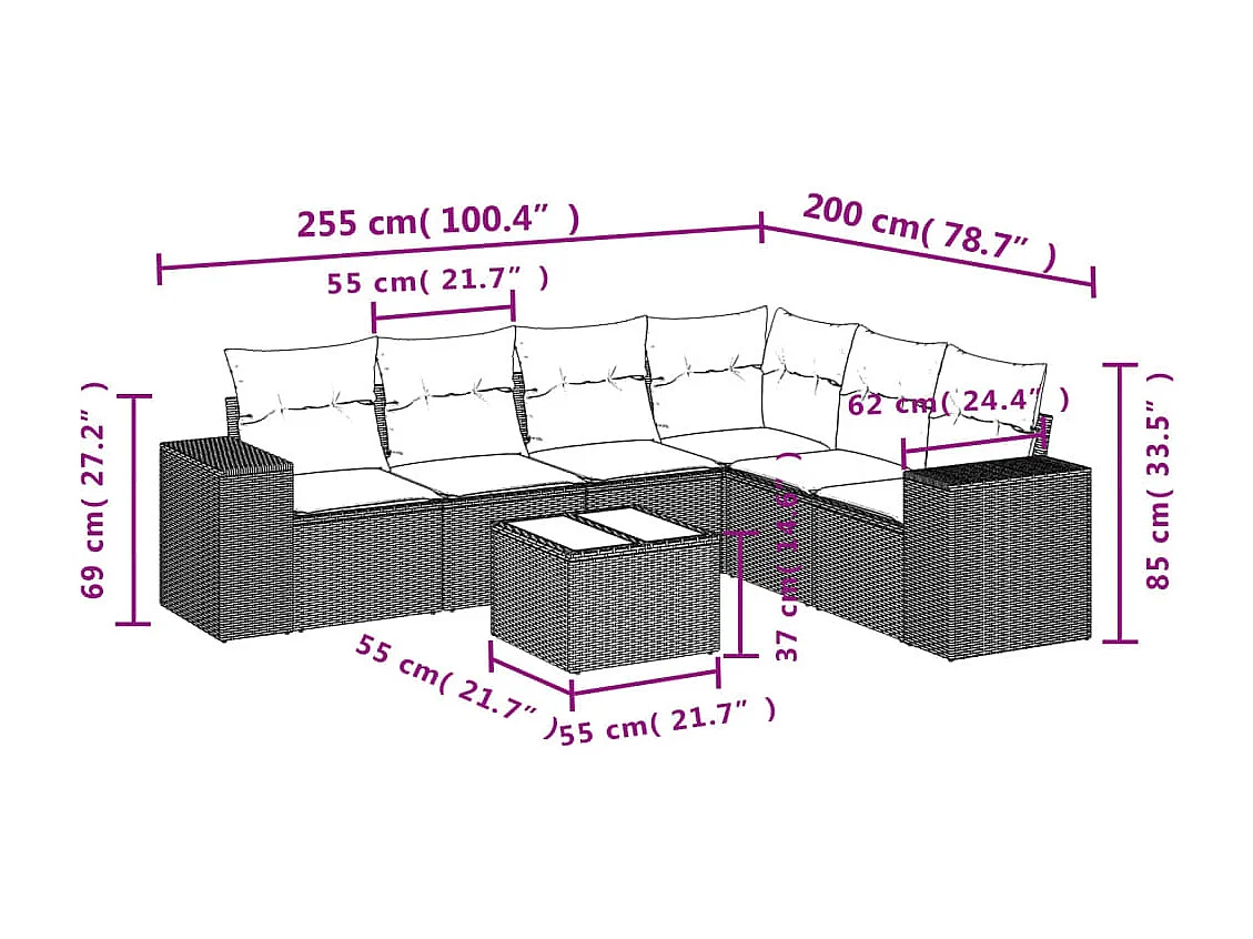 Salon de jardin avec coussins 7 pcs marron résine tressée
