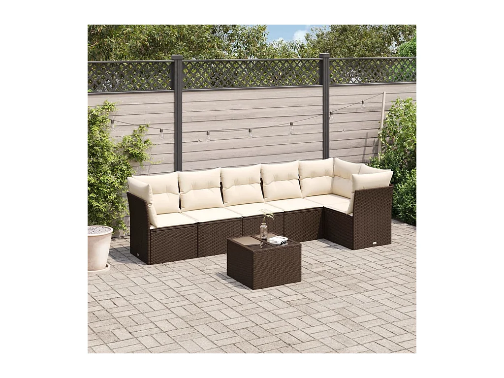 Salon de jardin avec coussins 7 pcs marron résine tressée