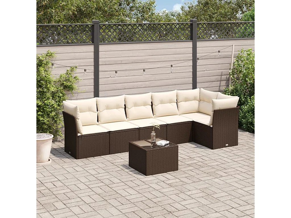 Salon de jardin avec coussins 7 pcs marron résine tressée