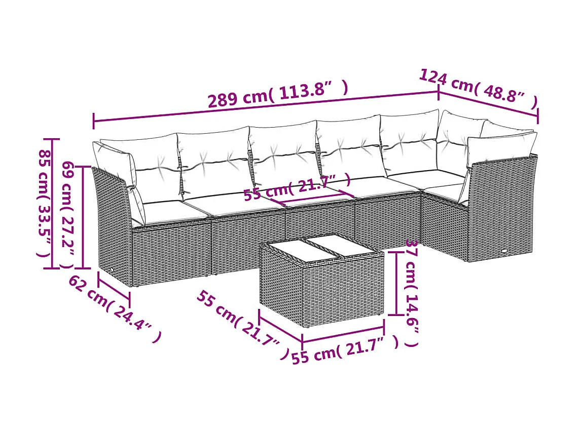 Salon de jardin avec coussins 7 pcs marron résine tressée