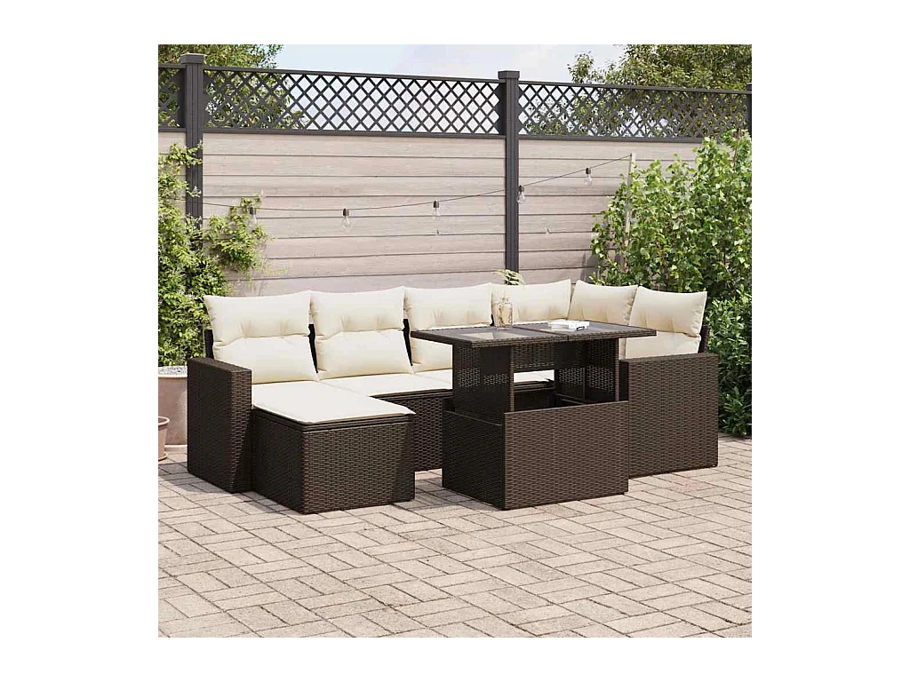 Salon de jardin avec coussins 7 pcs marron résine tressée