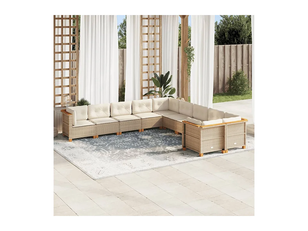 Salon de jardin avec coussins 10 pcs beige résine tressée