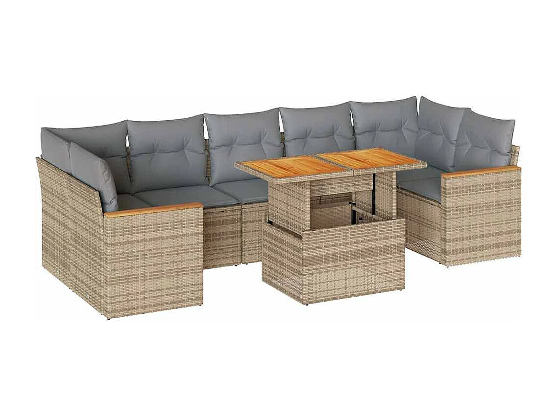 Salon de jardin avec coussins 8 pcs beige résine tressée acacia