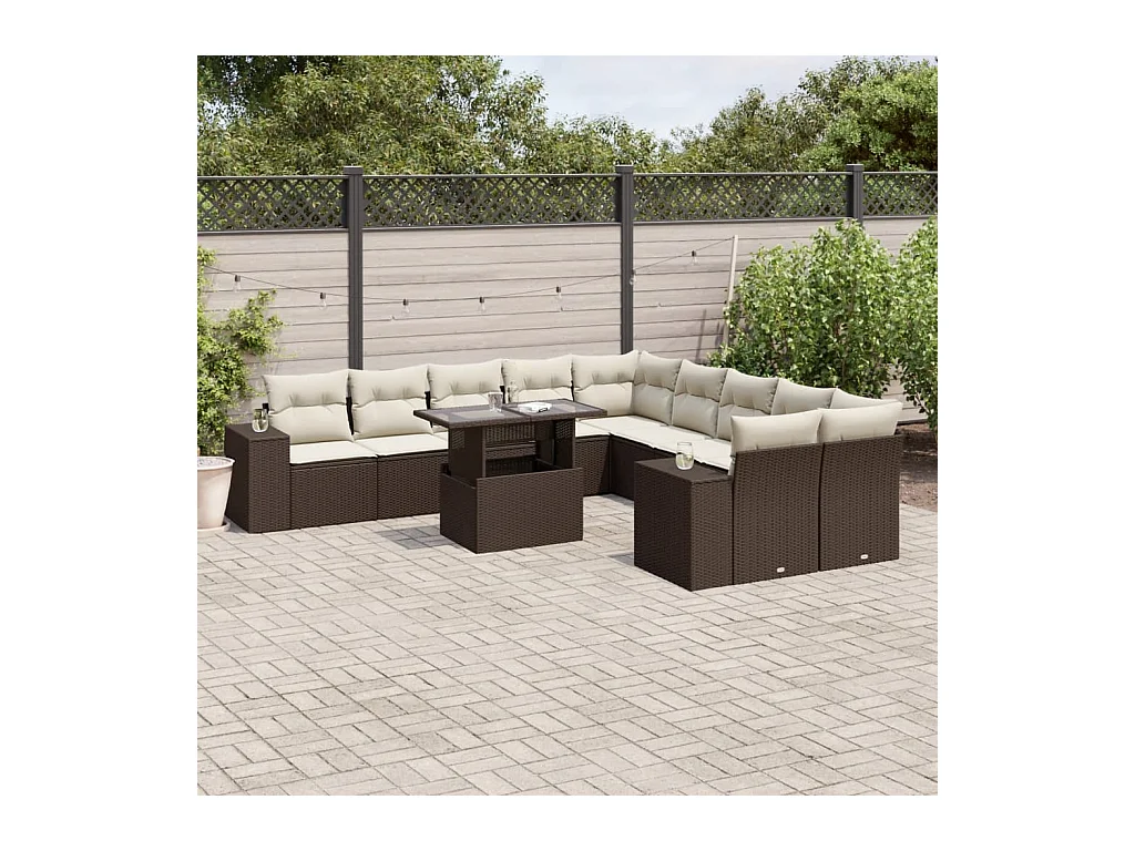 Salon de jardin et coussins 11 pcs marron résine tressée
