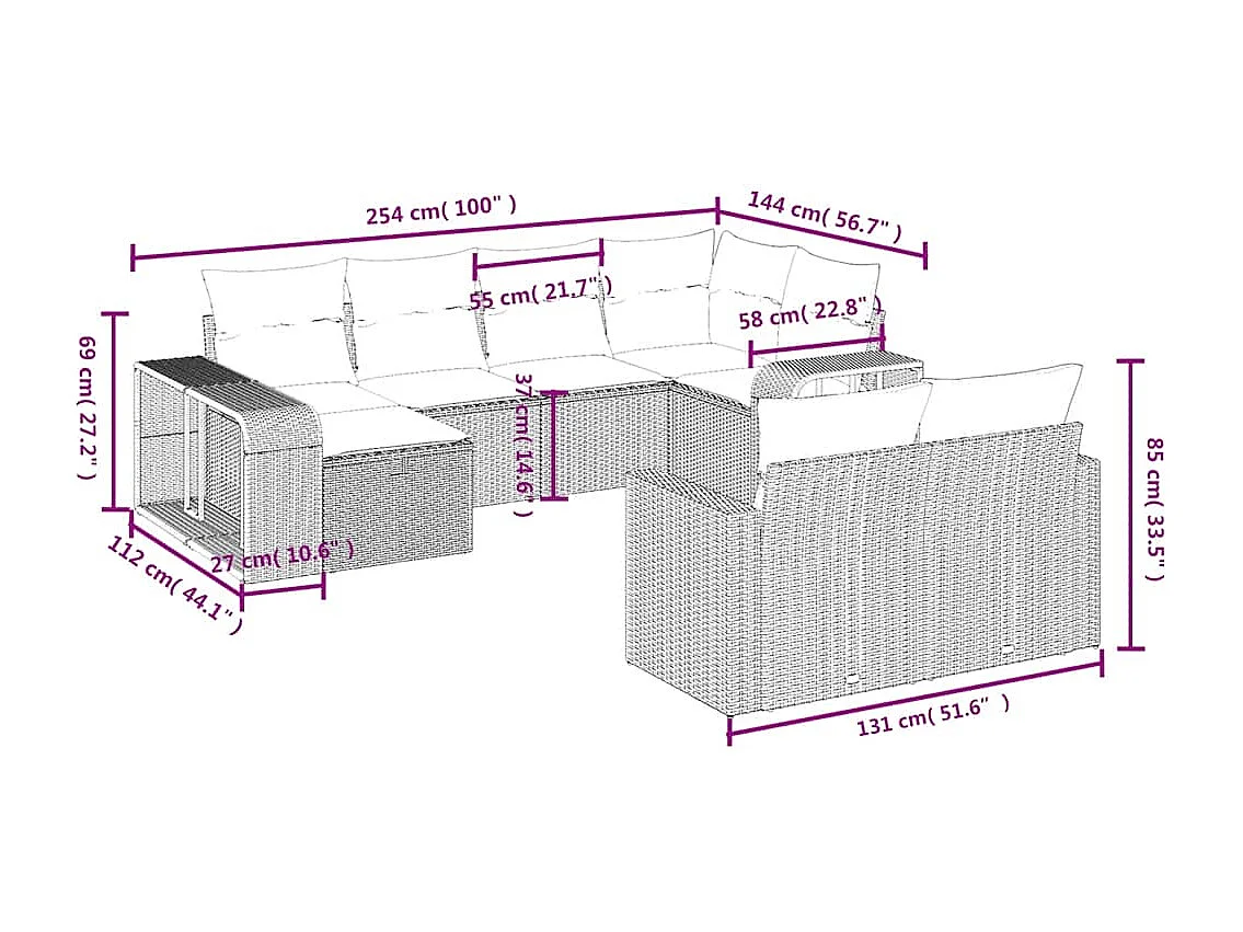 Conjunto de móveis de jardim de 10 peças com almofadas marrons em resina trançada