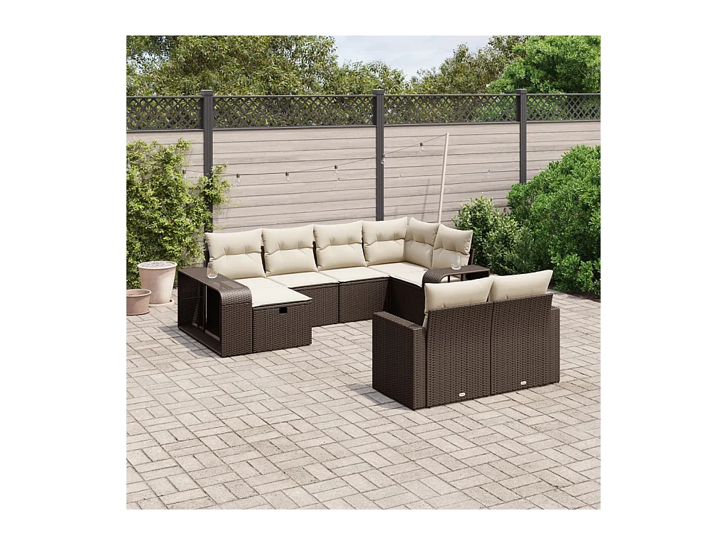 Salon de jardin 10 pcs avec coussins marron résine tressée