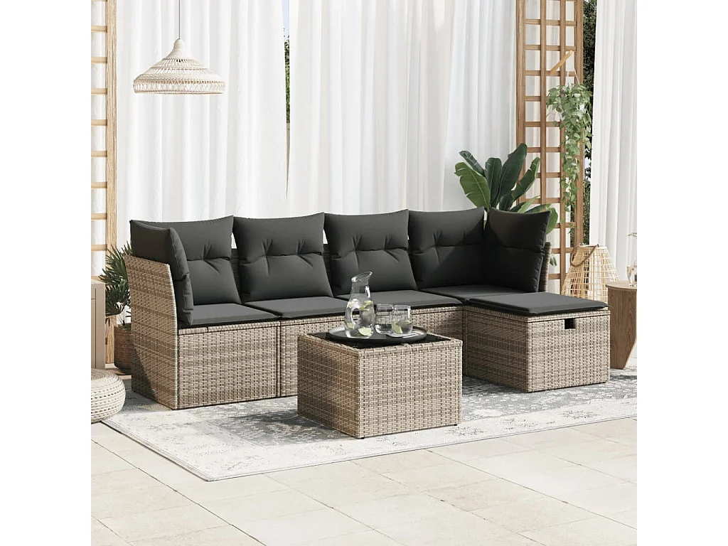6-teiliges Gartenmöbelset mit grauen Kissen aus gewebtem Harz