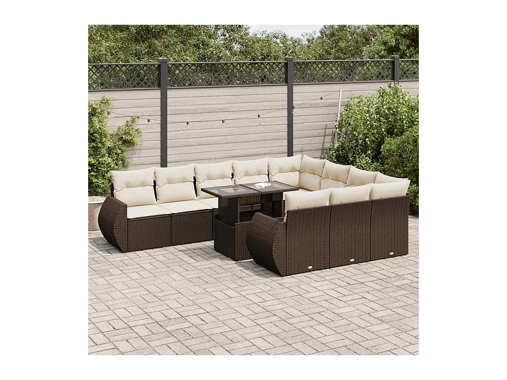 Salon de jardin et coussins 11 pcs marron résine tressée
