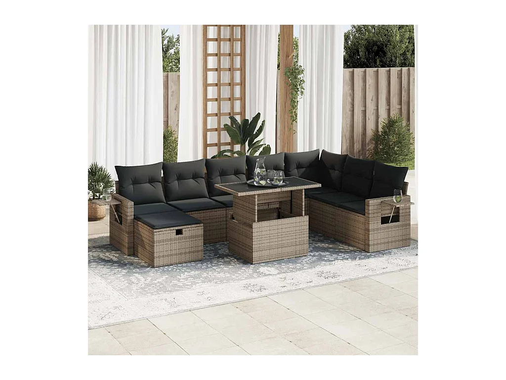 Salon de jardin 9 pcs avec coussins gris résine tressée