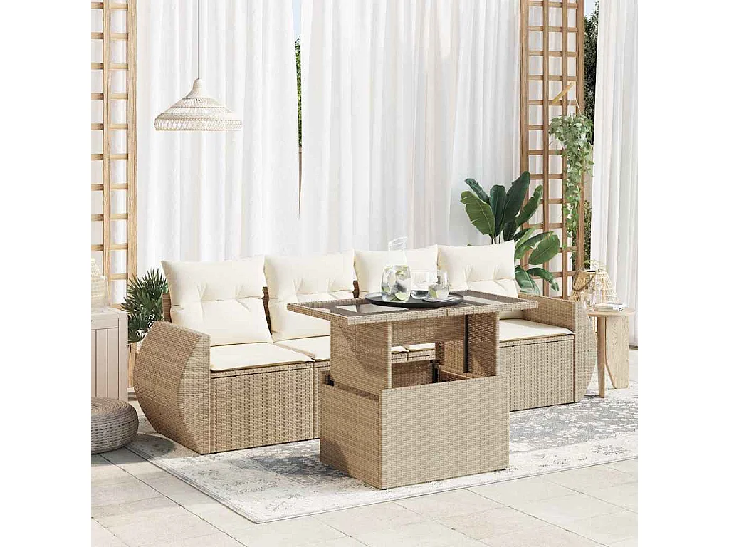 Gartenmöbel-Set mit Kissen 5-tlg. beige gewebtes Harz