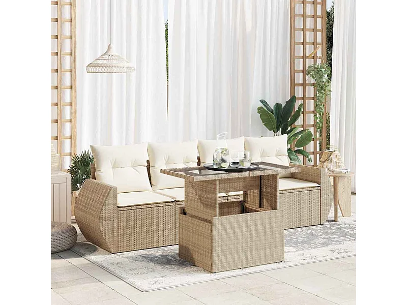 Gartenmöbel-Set mit Kissen 5-tlg. beige gewebtes Harz