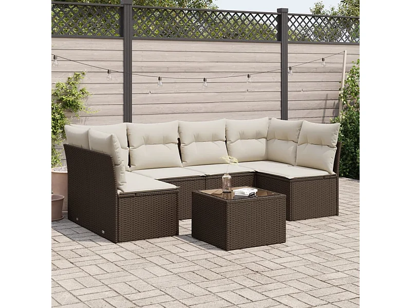 Salon de jardin avec coussins 7 pcs marron résine tressée