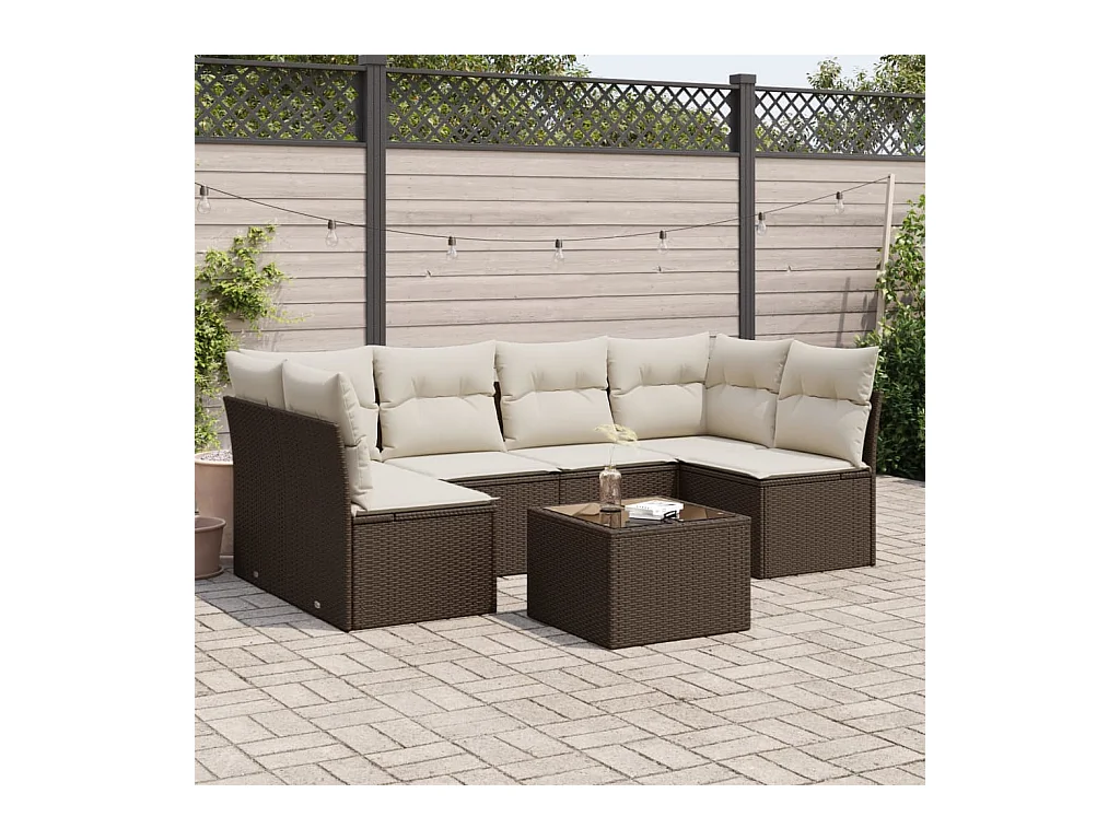 Salon de jardin avec coussins 7 pcs marron résine tressée