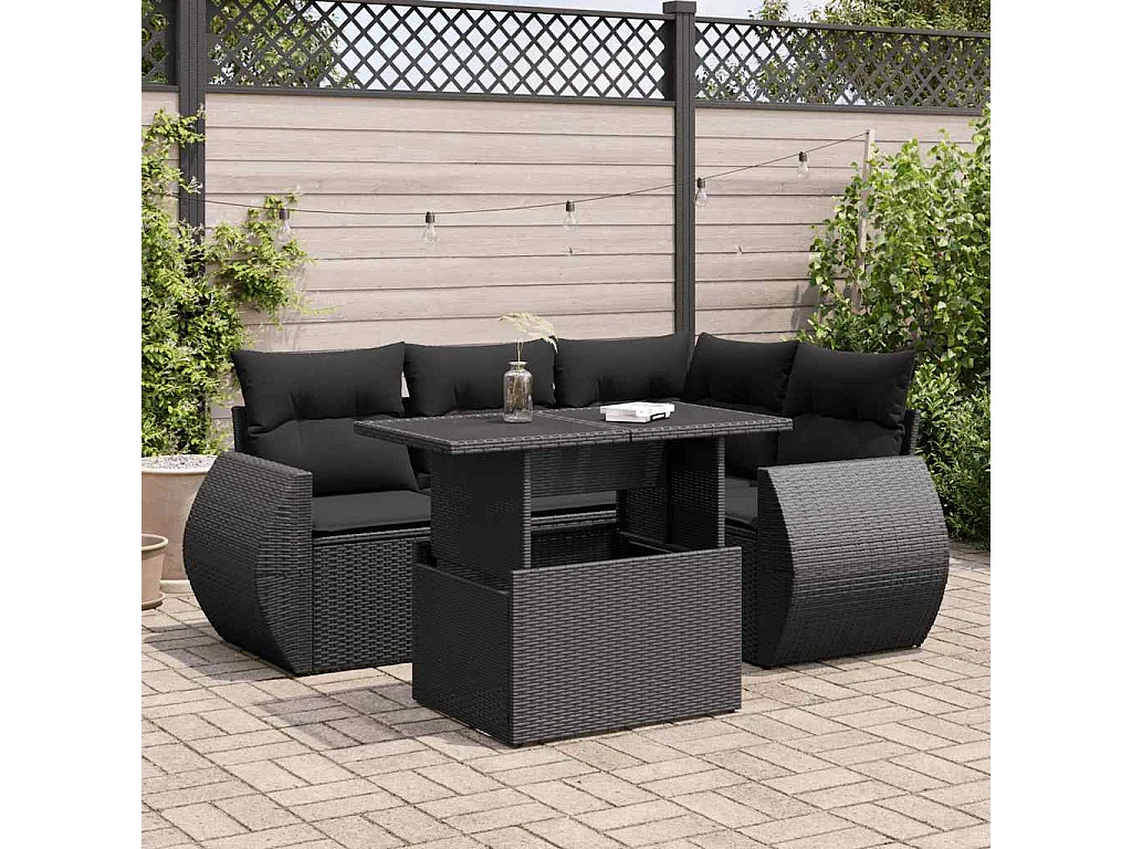 Salon de jardin 5 pcs avec coussins noir résine tressée