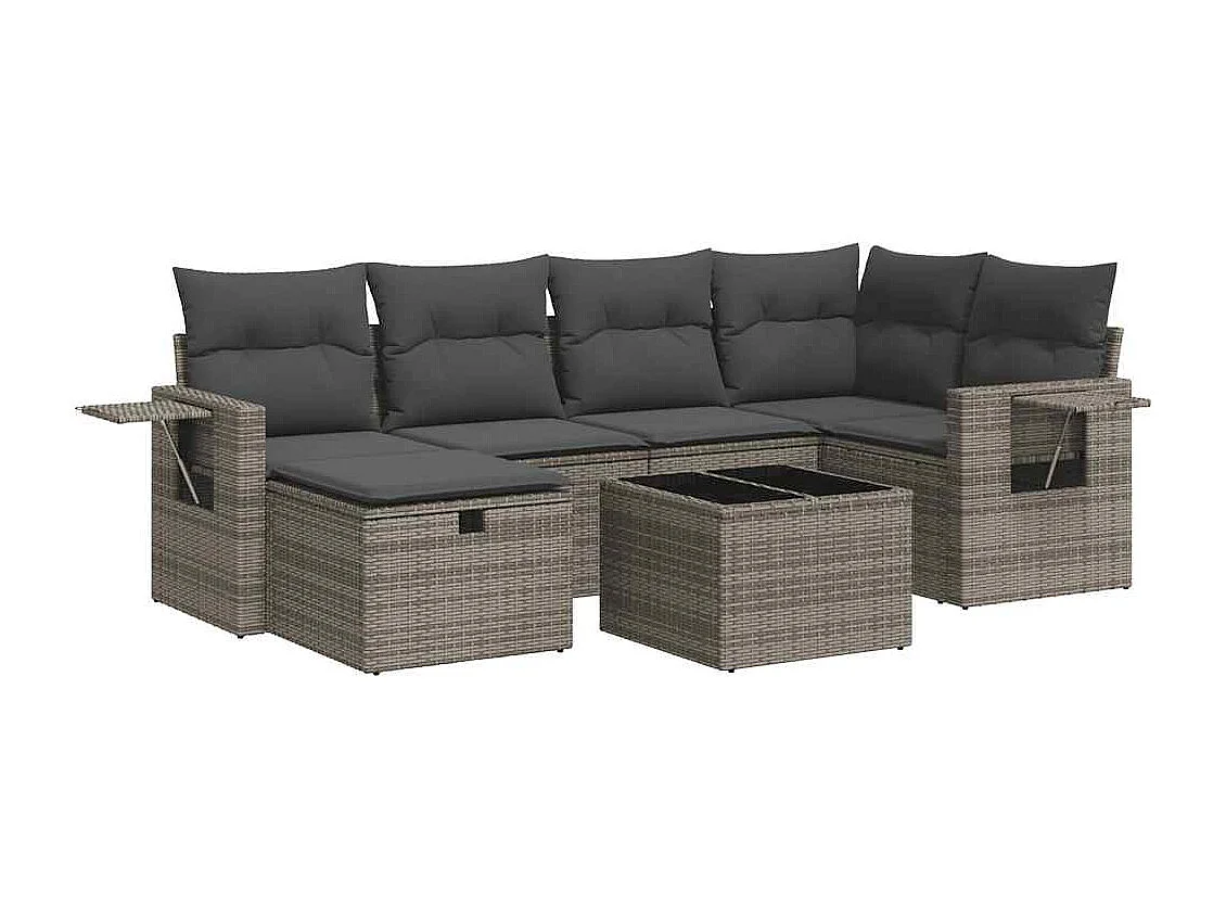 Salon de jardin avec coussins 7 pcs gris résine tressée