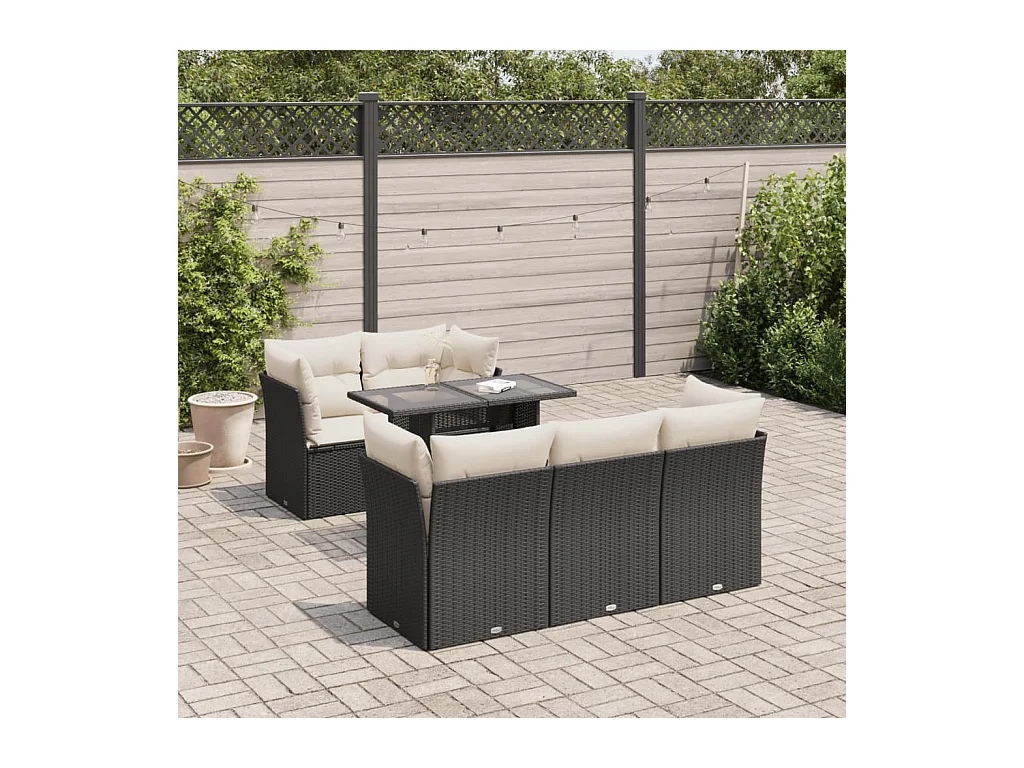Salon de jardin 6 pcs avec coussins noir résine tressée