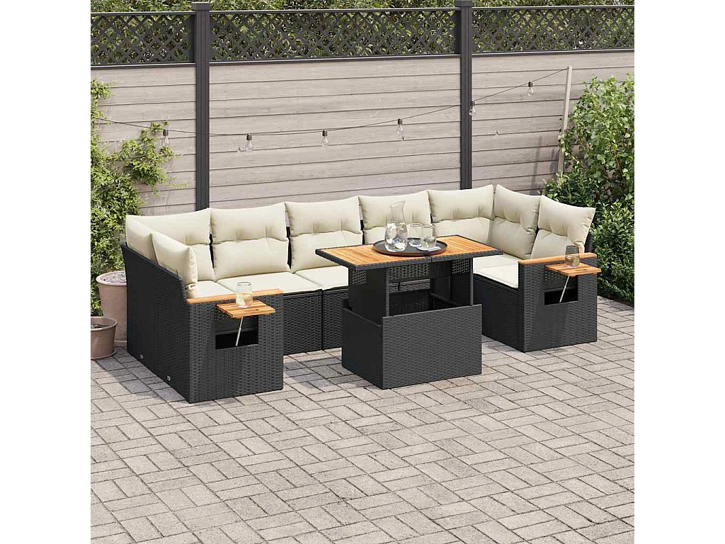 Conjunto de móveis de jardim com almofadas 8 peças vime de resina preta acácia