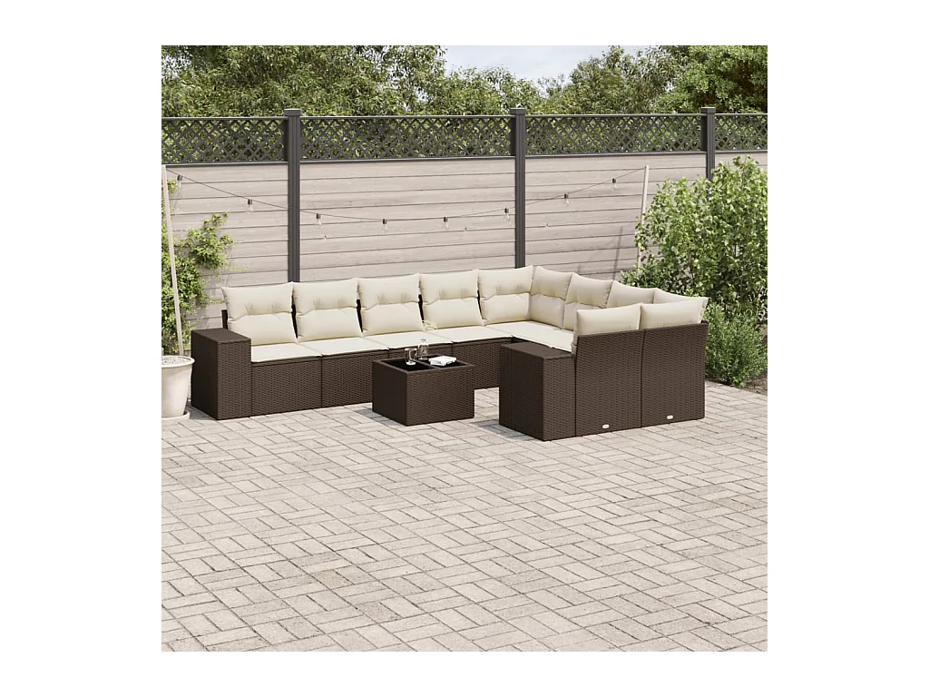 Salon de jardin 10 pcs avec coussins marron résine tressée