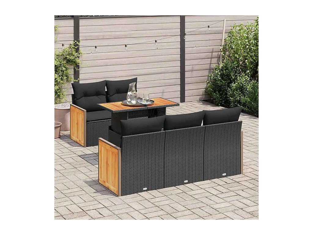 Salon de jardin 6 pcs avec coussins noir résine tressée acacia