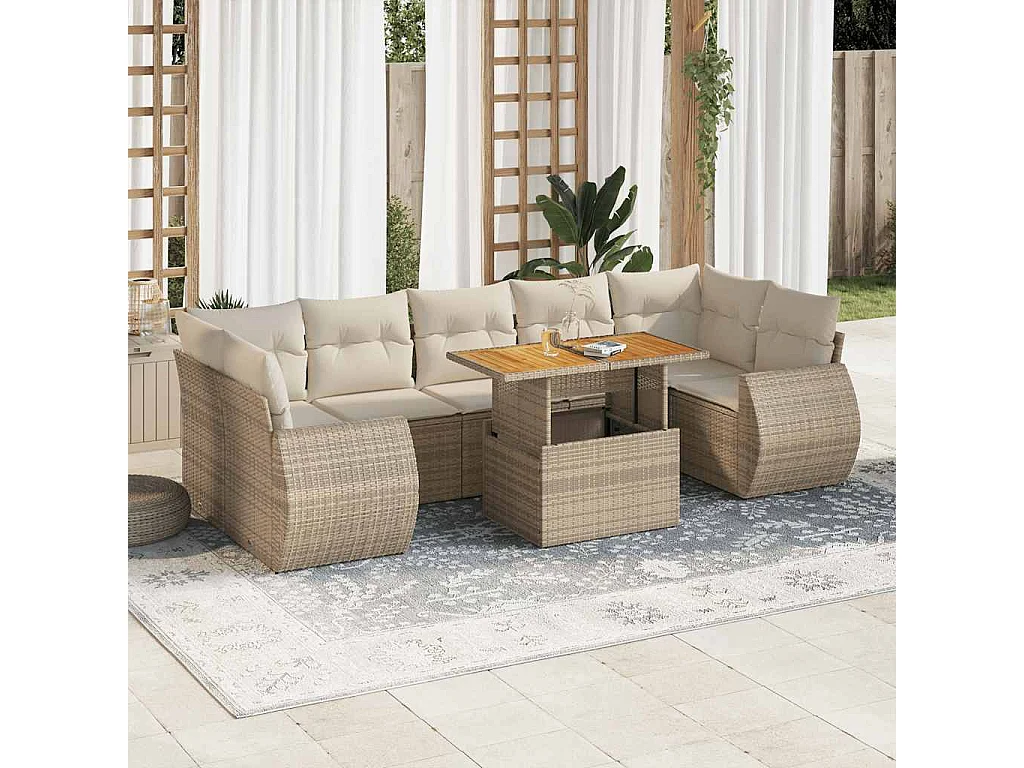Salon de jardin avec coussins 8 pcs beige résine tressée